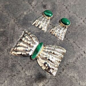 Vintage 70's Sterling Silver & Malachite Brooche w/ Earrings (plz read descrp)